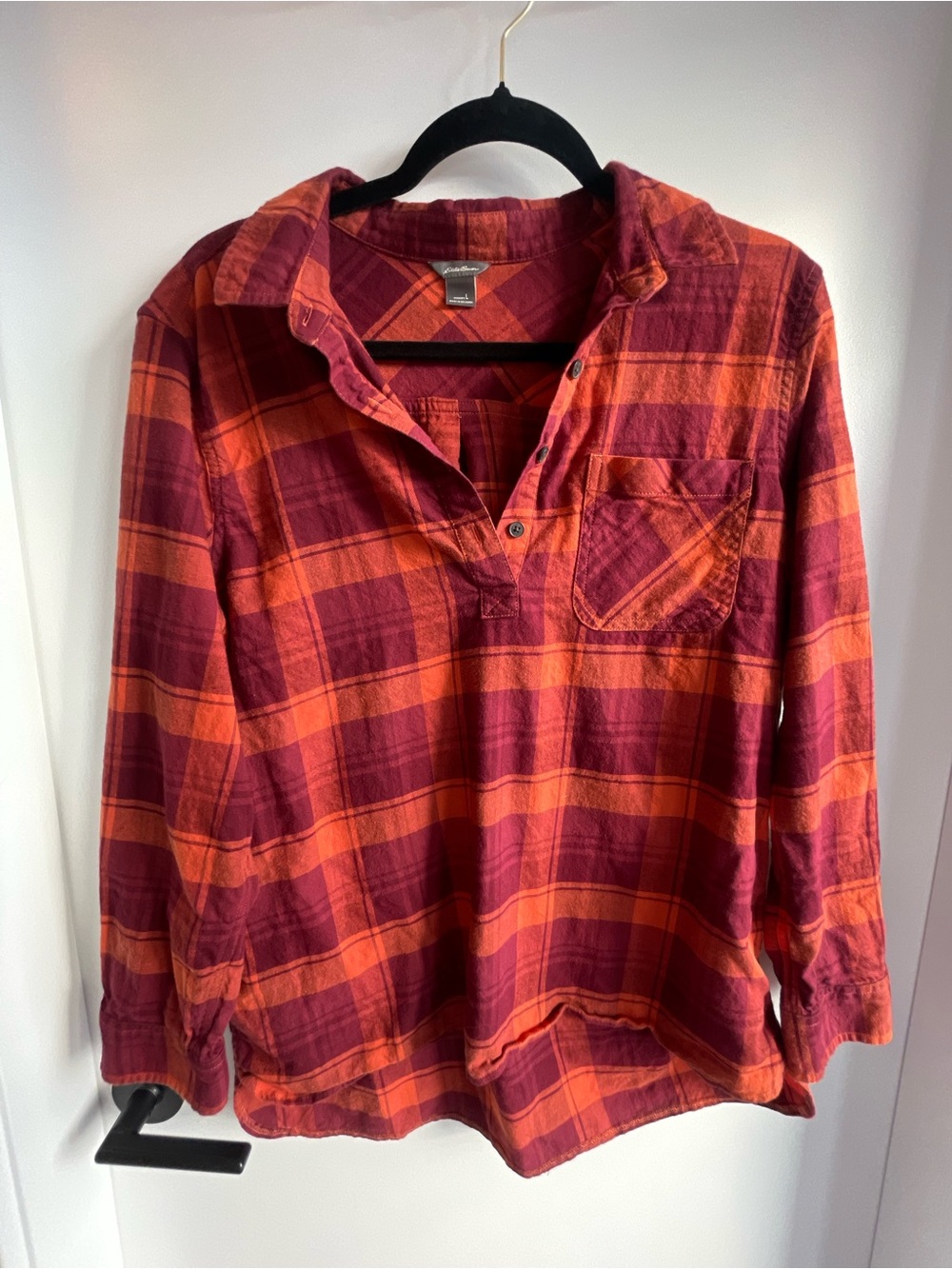 Eddie Bauer Red and Orange Plaid Button-Front shirt size L